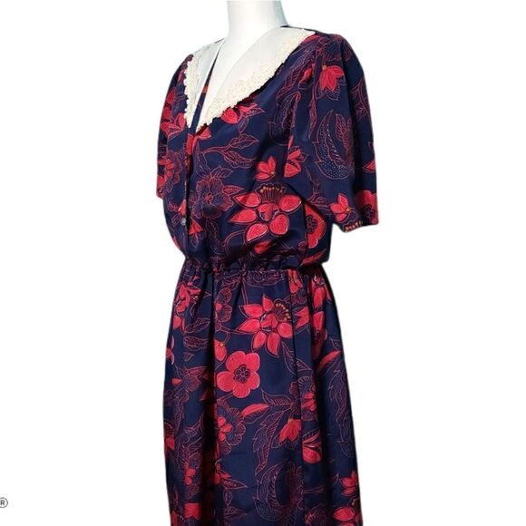 Vintage Secretary Geek Floral Navy Cherry Red Dress White Laced Collar Medium - Picture 7 of 12